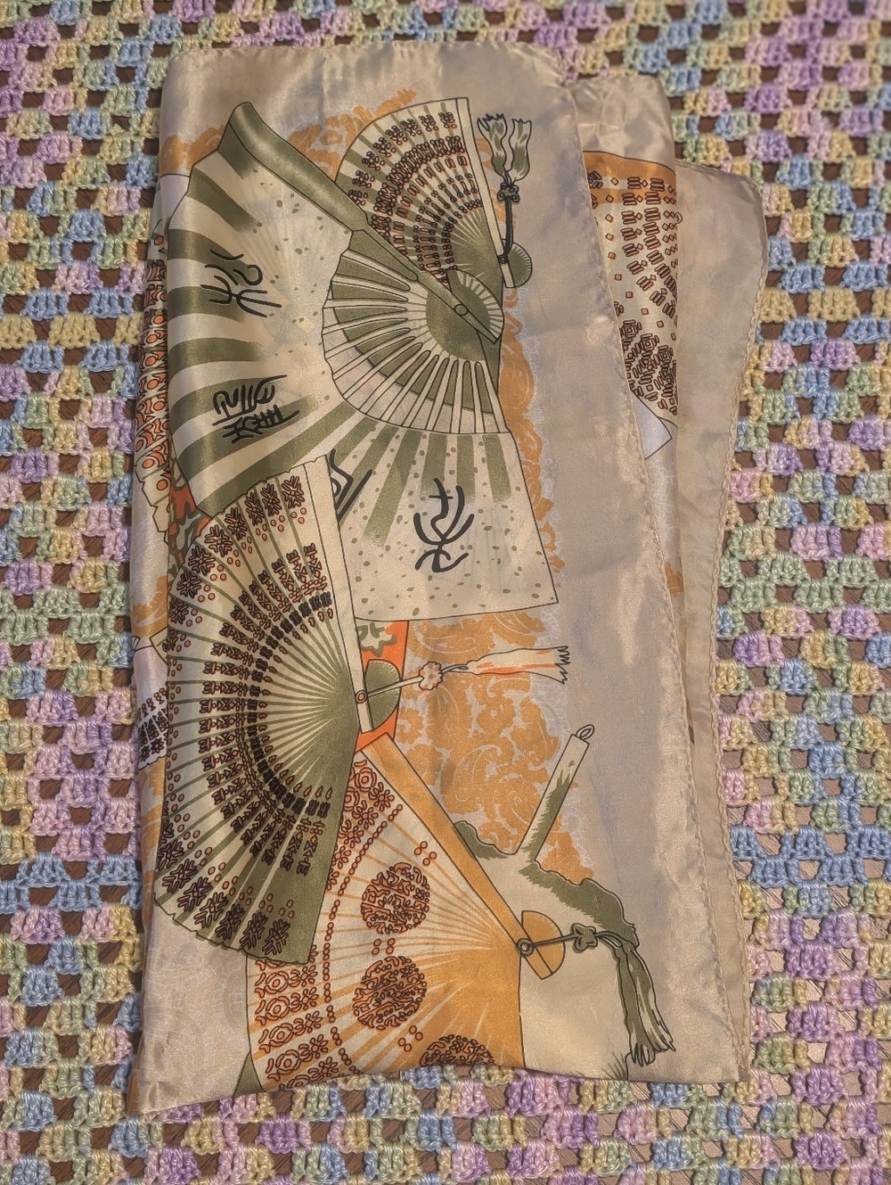 Vintage Asian Fan Scarf with Fan Motif in Olive and Mustard Square Sz 100% Silk